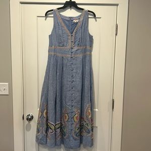Blue linen Boden sun dress with button details and embroidery.